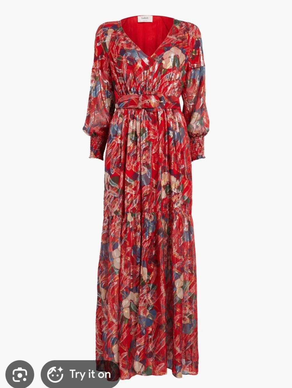 Ba&sh Jasper Silk Blend Maxi Dress Size 4 XS Red Gold Floral Boho